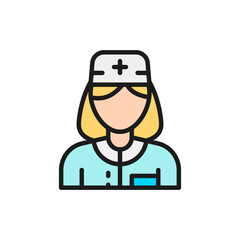 Nurse, woman medical worker, doctor flat color line icon.