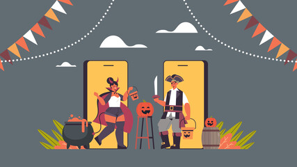 couple in devil and pirate costumes on smartphone screens happy halloween party coronavirus quarantine online communication concept horizontal full length vector illustration