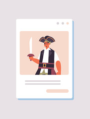 man in pirate costume happy halloween party celebration self isolation online communication concept web browser window portrait vertical vector illustration