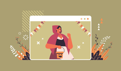 girl in costume celebrating happy halloween holiday self isolation online communication concept web browser window portrait horizontal vector illustration
