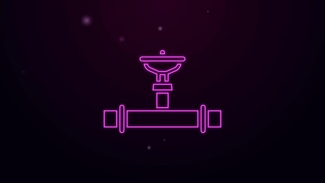 Glowing neon line Industry metallic pipe and valve icon isolated on purple background. 4K Video motion graphic animation.