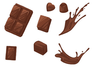 Set of chocolate bar pieces and melted chocolate flowing sweet dessert flat vector illustration isolated on white background