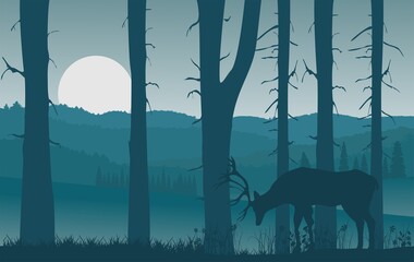 Vector nature landscape with blue misty silhouettes of forests and hills, deer