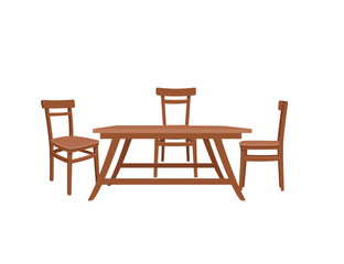 Wooden table with wooden chairs household furniture flat vector illustration isolated on white background