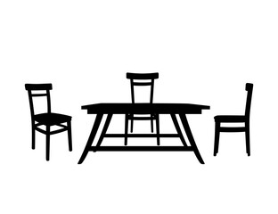 Black silhouette wooden table with wooden chairs household furniture flat vector illustration isolated on white background