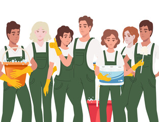 Group of professional cleaners mans and womans wearing green uniform cleaning process cartoon character design flat vector illustration on white background