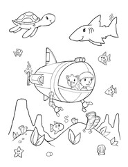 Ocean Explorer Submarine Coloring Book Page Vector Illustration Art