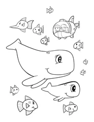 Gordijnen Oceaan walvissen kleurboek pagina vectorillustratie kunst © Blue Foliage