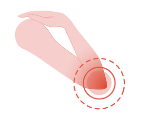 Human elbow pain with red pain circle flat vector illustration on white background