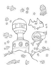 Fototapete Karikaturzeichnung Sea Lab Basis und U-Boot Malbuch Seite Vektor Illustration Art