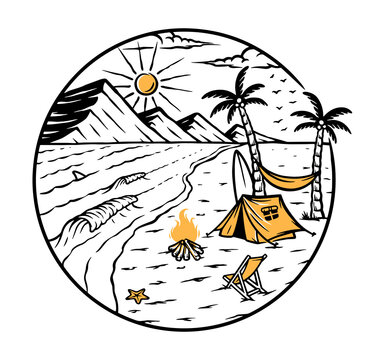 beach camping scene in black and white clip art preview