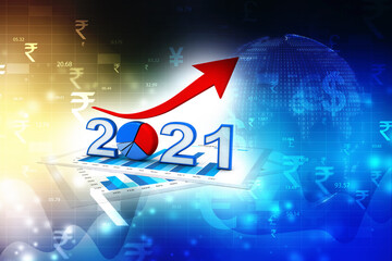 2021 and red arrow up over the Business Documents, represents growth in the year 2021, isolated in white background. 3D illustration