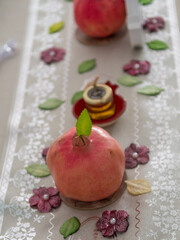 Isolated close up of a decorated festive table for Rosh Hashana dinner- Israel 