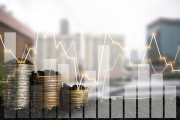 Double exposure of graph and rows of coins for finance and business concept.