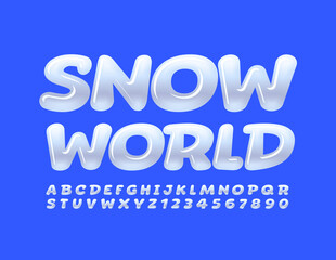 Vector playful sign Snow World. Ice cold Font. White glossy set of ALphabet Letters and Numbers