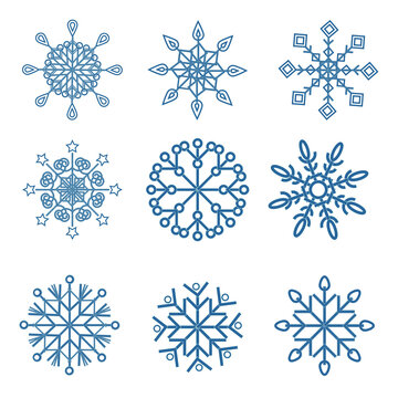 Set of isolated snowflakes with a blue outline on a white background, vector illustration, clipart, design, decoration