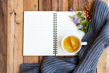 herbal healthy drinks hot honey lemon health care for cough sore with notebook ,knitting wool scarf...