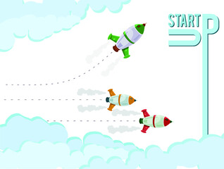 Startup business project, rocket flying above clouds. Vector illustration!
