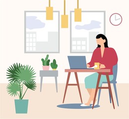 Work from Home. Stop Virus epidemic outbreak. Woman works on a laptop at home. Reduce the epidemic concept. Flat Design Illustration
