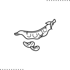 bean pod and 2 seeds, peas or soybeans vector icon in outline