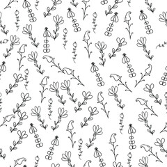 Cute doodle flowers seamless pattern, plant elements in black on a white background, delicate flower with ornate leaves