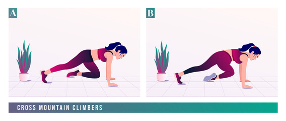Cross Mountain Climbers exercise, Women workout fitness, aerobic and exercises. Vector Illustration.	