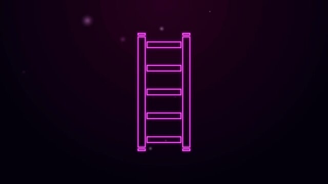 Glowing neon line Fire escape icon isolated on purple background. Pompier ladder. Fireman scaling ladder with a pole. 4K Video motion graphic animation.