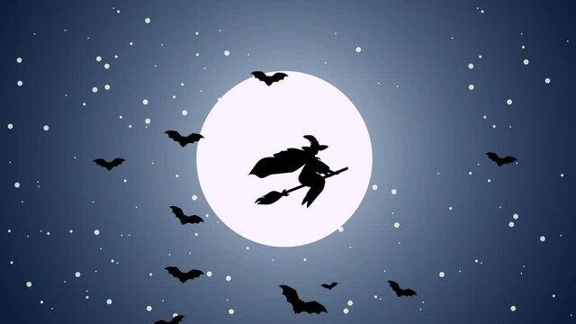 Animation of flying witch on the broom silhouette  with bats in front of the big bright moon and shimmering stars. Halloween concept.