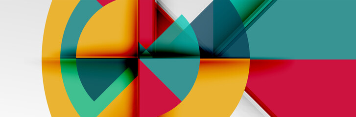 Bright color circles, abstract round shapes and triangles composition with shadow effects. Vector modern geometric design template