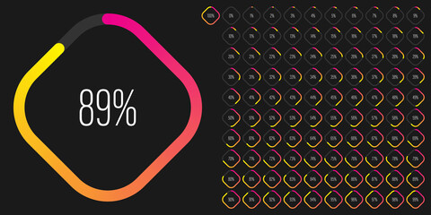 Set of rectangle percentage diagrams meters from 0 to 100 ready-to-use for web design, user interface UI or infographic - indicator with gradient from magenta hot pink to yellow