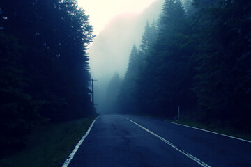 Carretera de montaña entre las brumas de un lluvioso día de verano generando un paisaje de misterio y embrujo. La Transfăgărășan o DN7C es la segunda carretera pavimentada de mayor altitud de Rumania.