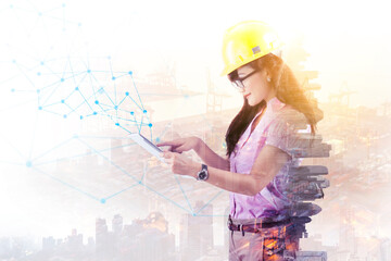 Double exposure of female engineer with modern city
