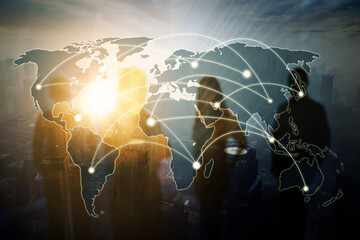 Double exposure of world map with network connection