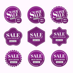 Sale banner and label price design with purple color. Flat badges discount and tags.