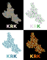 Krk map. Collection of maps of Krk in dotted style. Borders of the island filled with rectangles for your design. Vector illustration.