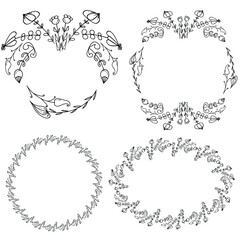 Set of four round paperwork with doodle flowers, floral motifs for invitations, cards, etc. vector outline illustration