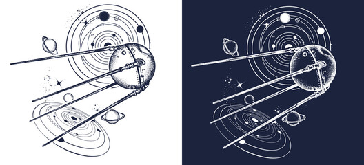 Sputnik space ship tattoo and t-shirt design. Universe research. Symbol of space expedition, science, future, research of solar system. Black and white vector graphics - obrazy, fototapety, plakaty