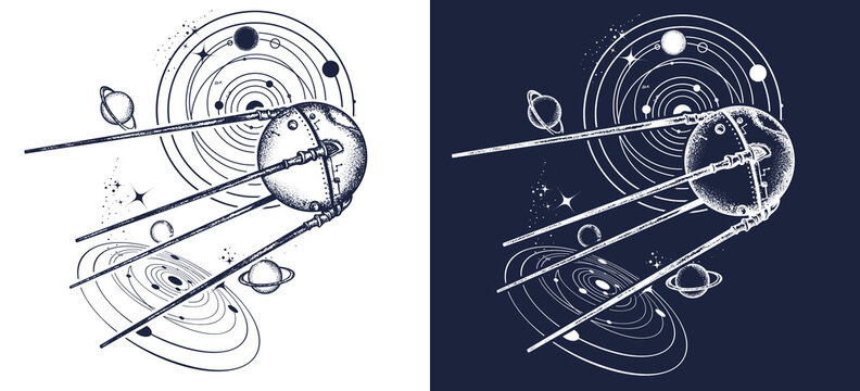 Sputnik space ship tattoo and t-shirt design. Universe research. Symbol of space expedition, science, future, research of solar system. Black and white vector graphics