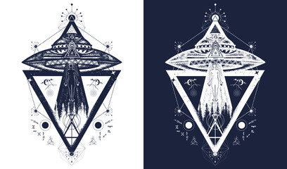 UFO tattoo art and t-shirt design. Invasion of aliens. Aliens kidnap human. Mystical symbol paranormal phenomena, first contact. Black and white vector graphics © intueri