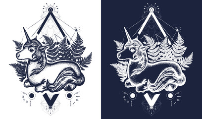 Beautiful unicorn in triangle t-shirt design and tattoo art. Symbol of fantasy, dreams, souls. Black and white vector graphics