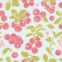 Lingonberry seamless pattern, ready to use. Berries, leaves, seasonal