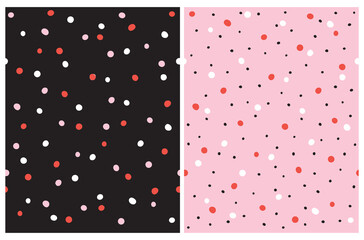 Abstract Irregular Geometric Seamless Vector Pattern. Hand Drawn Polka Dots Isolated on a Black and Pink Background. Funny Simple Dotted Design. Infantile Style Repeatable Print.