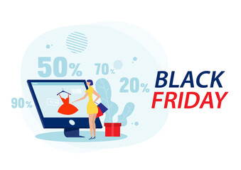 Women shopping cloth and bags. Big Discount, black Friday on laptop flat vector illustrator