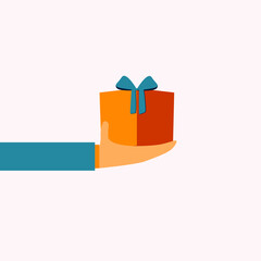 Hand giving christmas gift box vector illustration. Flat style. Simple vector graphic. Special offer. Gifts delivery.