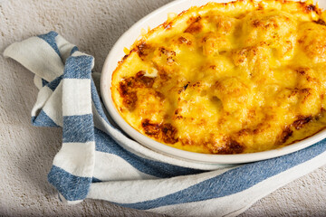 Cauliflower cheese gratin in baking dish