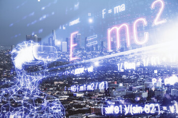 Double exposure of sience formula drawing and cityscape background. Concept of education.