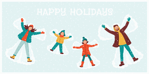 Happy family mom, dad, son, daughter make a snow angel. Concept family holidays, template for postcard, invitation, banner of congratulations New Year and Christmas, hello winter. Vector illustration