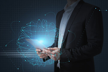 Man with tablet, network interface