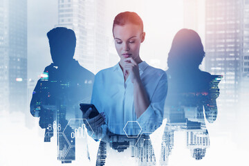 Three business people in city, network