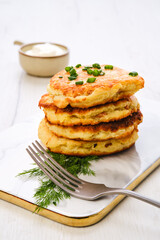 Potato pancakes stuffed with salmon meat